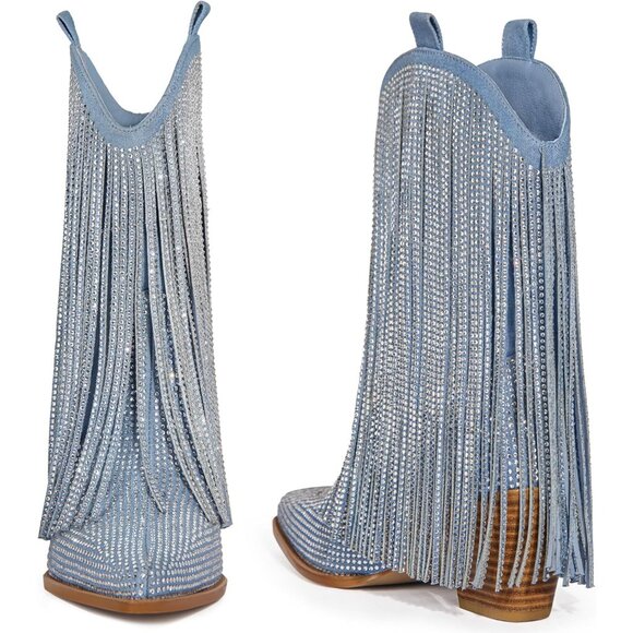 Women's Denim Rhinestone Sparkly Fringe Chunky Heel Pointed Toe Ankle Boots - Picture 7 of 7